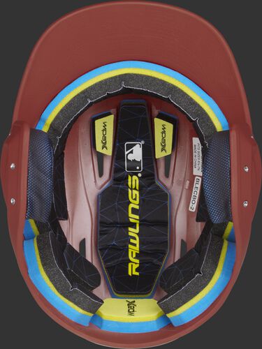 Inside of a Rawlings MACH baseball helmet with IMPAX durable foam padding