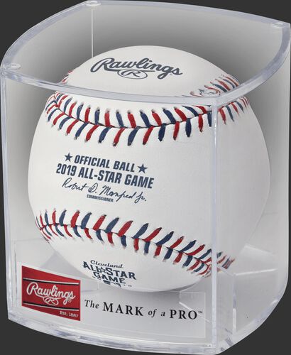 ASBB19 Official 2019 MLB All-Star Game ball in a plastic display cube