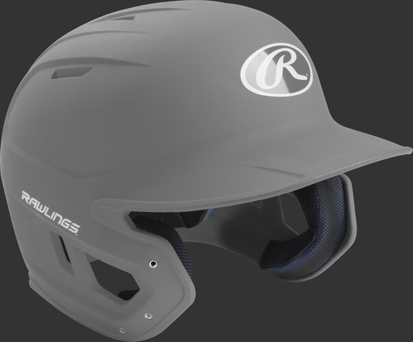 Right angle view of a matte MACH batting helmet with a silver shell