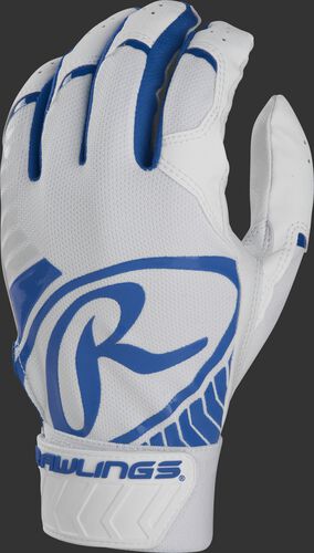 Back of a white/royal adult 5150 batting glove with a large royal oval-R across the back of the palm - SKU: BR51BG-R