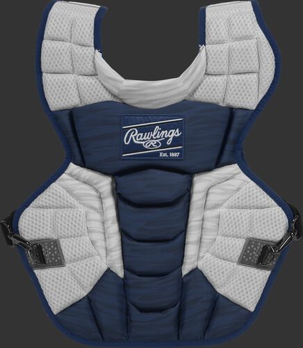 A navy/white CPV2N Rawlings Velo 2.0 intermediate chest protector with a striped pattern