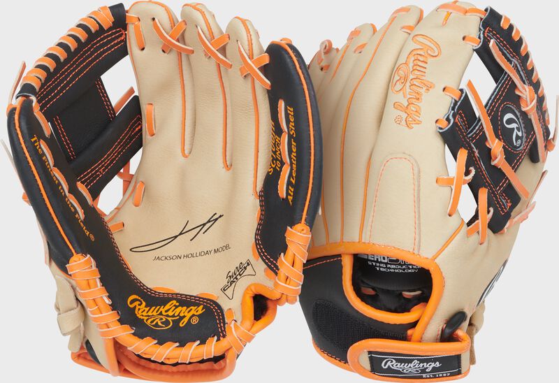 Two images showing the palm & back of a Rawlings Sure Catch 10-Inch Jackson Holliday Signature Glove
