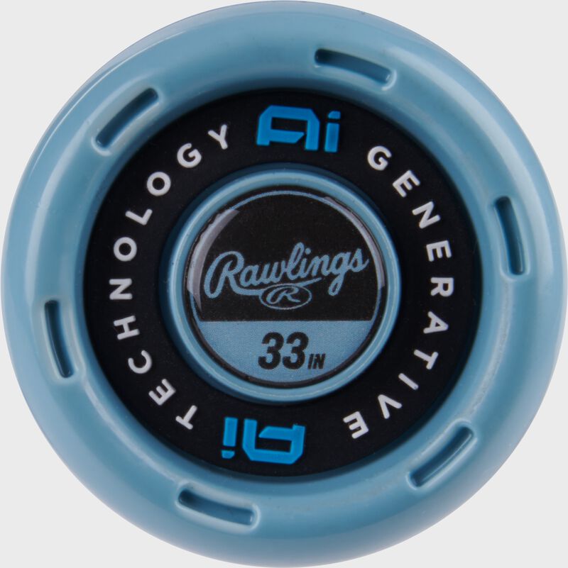 Black/blue knob of a 2025 Rawlings Clout AI 33" BBCOR bat with a Generative AI logo