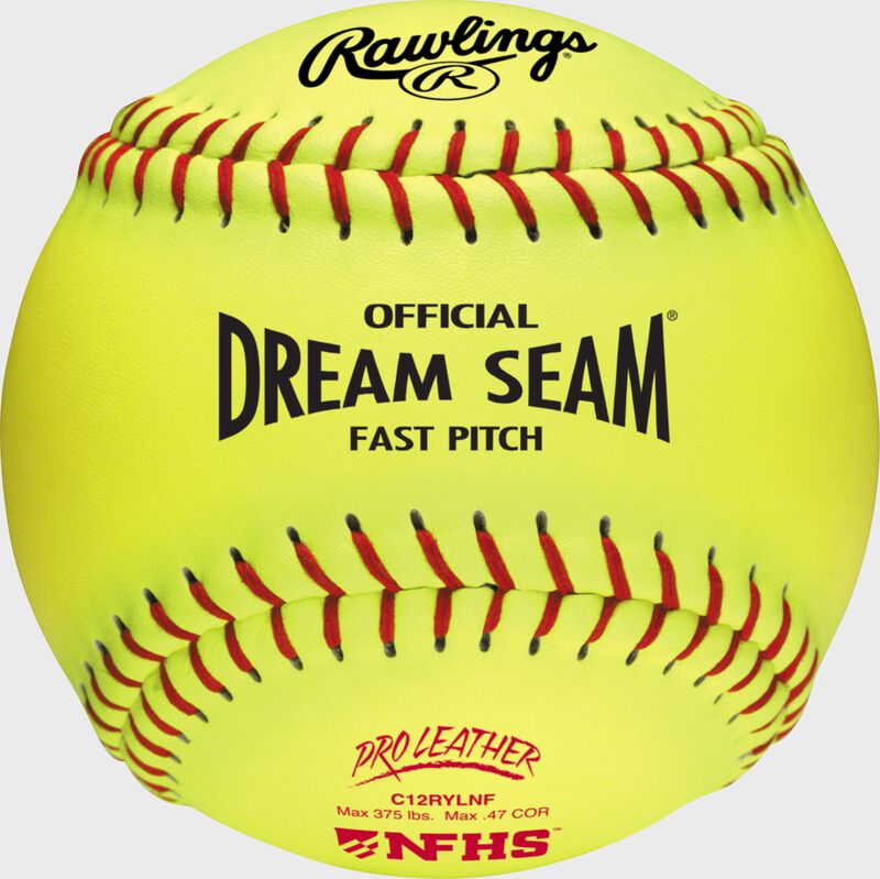 A yellow Rawlings 12-inch Pro Leather Dream Seam NFHS fastpitch softball with red seams