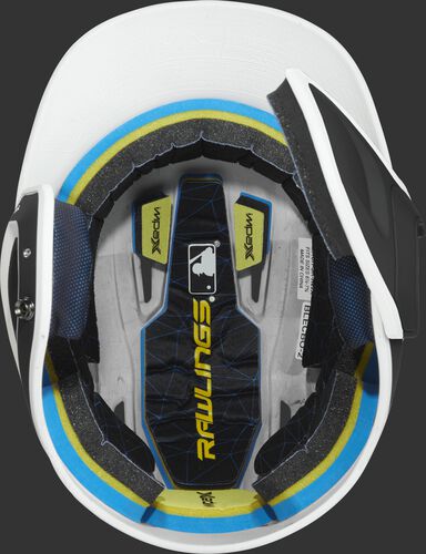 Inside of a MACHEXTR Rawlings MACH baseball helmet with IMPAX durable foam padding