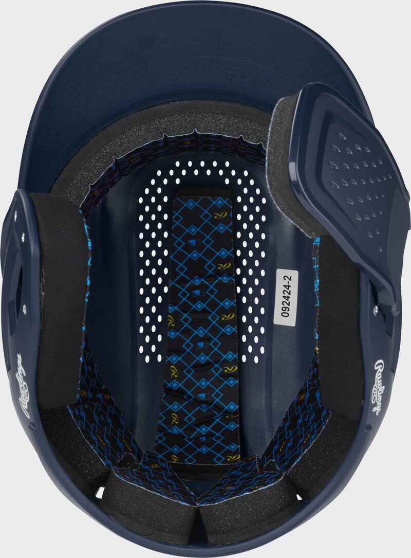 Inside padding of a navy Rawlings RX2 Reverse batting helmet loading=
