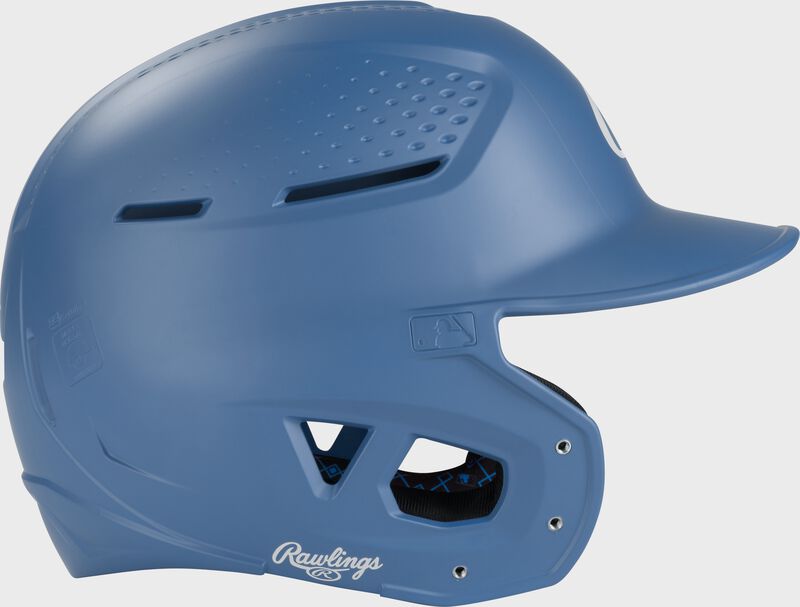 Right side of a Columbia blue Rawlings RX2 batting helmet