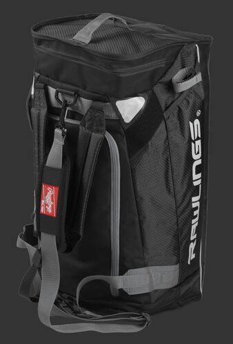 A black R601 Rawlings hybrid duffel bag stood up like a backpack