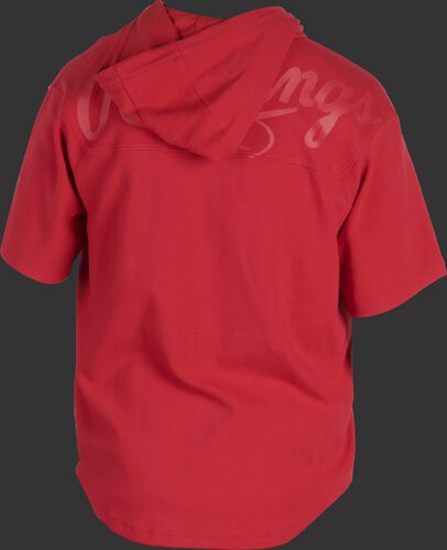 Back of a scarlet Rawlings Gold Collection short sleeve hoodie with a scarlet script Rawlings logo across the back - SKU: GJJ-S