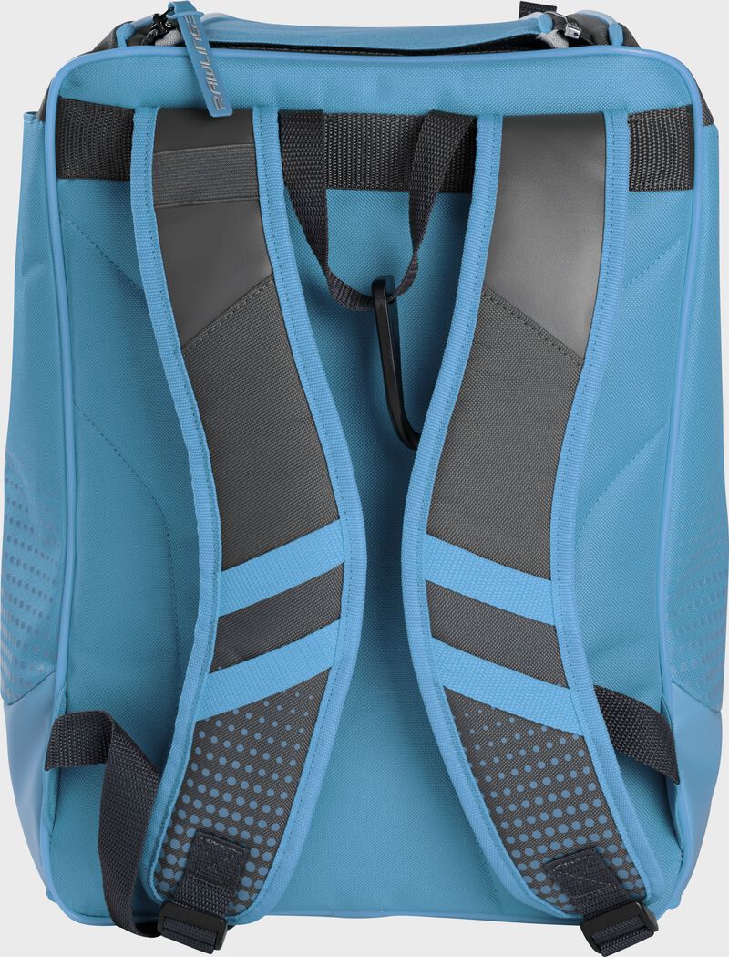 Back of a Columbia blue Rawlings Franchise backpack with gray shoulder straps - SKU: FRANBP-CB