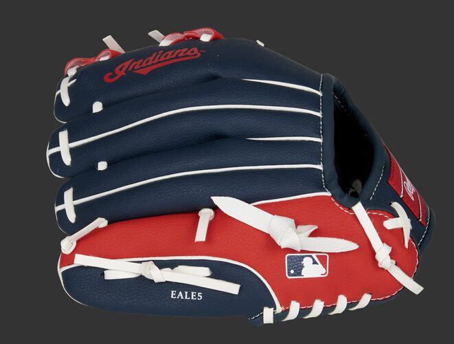 Back of a navy/red Cleveland Indians youth glove with the MLB logo on the pinky - SKU: 22000014111