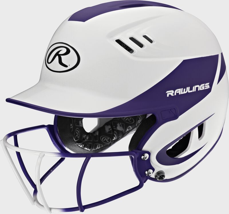 A white/purple R16H2FGS Velo senior batting helmet with a white/purple facemask