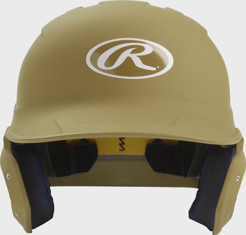 Front of a matte Vegas gold MACH junior size batting helmet