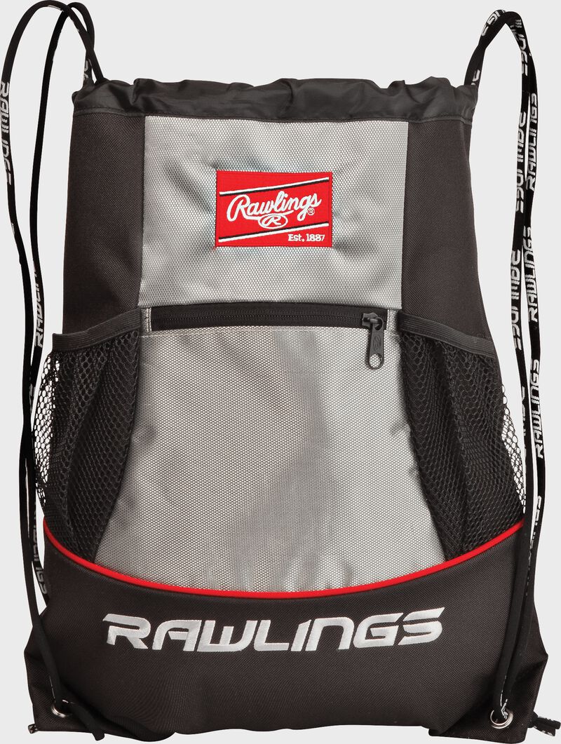 A black/silver SKPK Rawlings players drawstring backpack