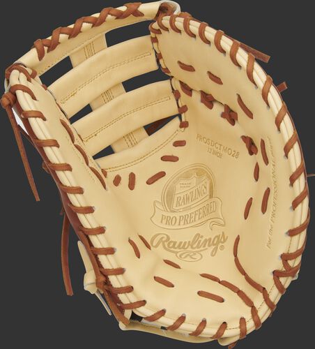 Camel palm of a Rawlings Pro Preferred Matt Olson first base mitt with a camel web and tan laces - SKU: PROSDCTMO28