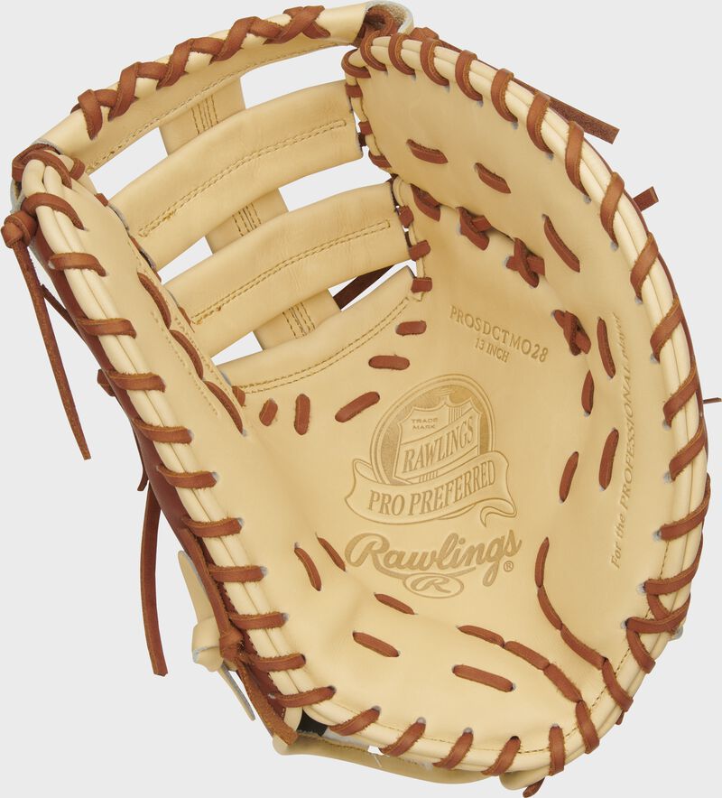Camel palm of a Rawlings Pro Preferred Matt Olson first base mitt with a camel web and tan laces - SKU: PROSDCTMO28 loading=