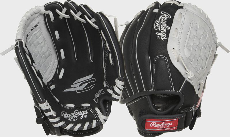 Two images showing the palm & back of a black Sure Catch 10.5" youth glove