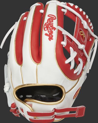 RLA715SB-2S 11.75-inch Liberty Advanced I-web glove with a white back, gold binding/welting and adjustable pull strap