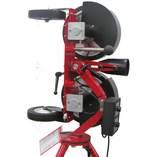 Side of Rawlins Red Spin Ball Pro 2 Wheel Adjustable Combination Pitching Machine SKU #RPM2C1