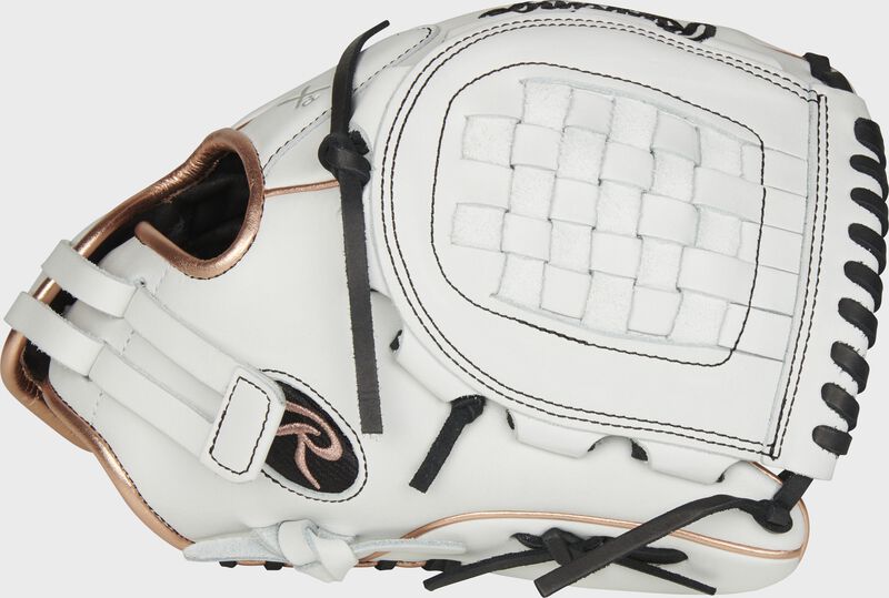 Thumb of a white RLA120-3RG Liberty Advanced 12-inch infield/pitcher's glove with a white Basket web