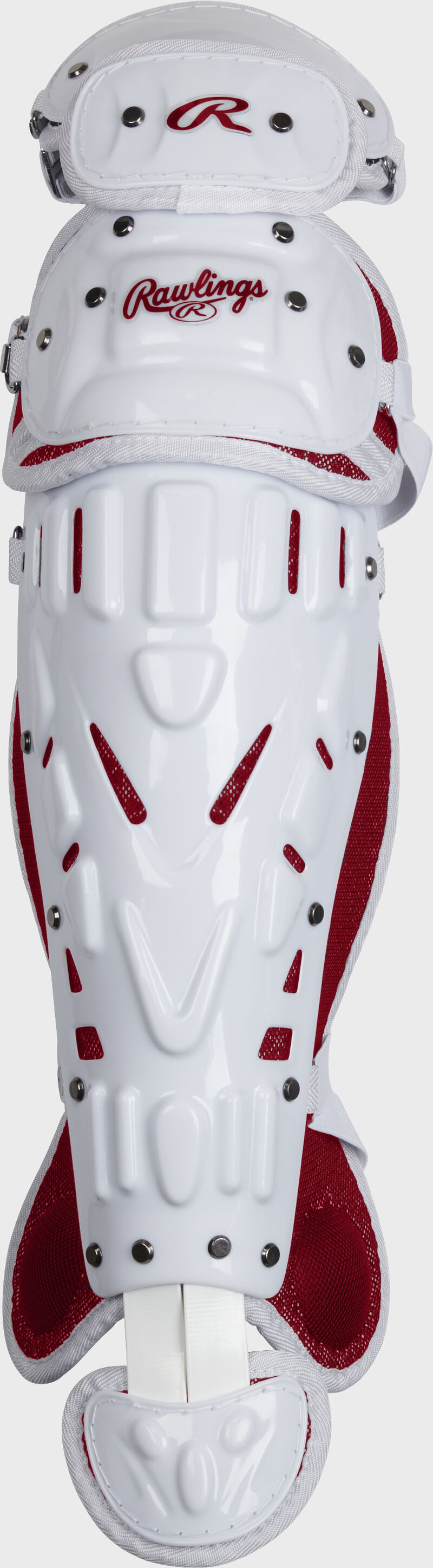 Front of a white/scarlet Velo softball leg guard