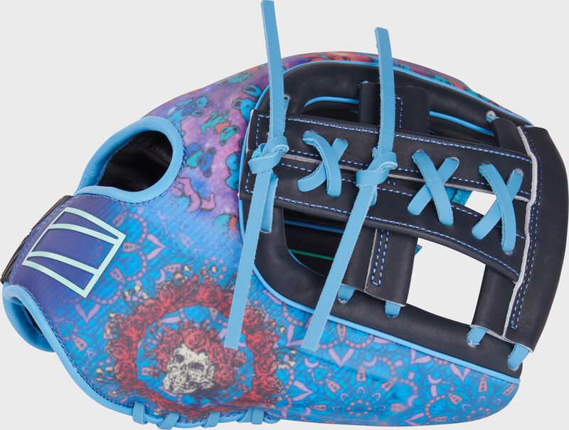 Thumb of a navy Rawlings x Grateful Dead REV1X infield glove with a laced, split single post web