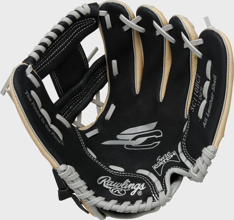 Black palm of a Rawlings Sure Catch youth glove with white laces and Sure Catch notch in the heel - SKU: SC110BCI