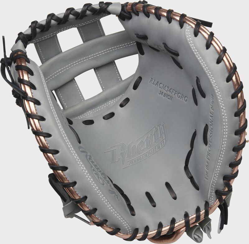 Gray palm of a Rawlings Liberty Advanced Color Series catcher's mitt with black laces - SKU: RLACM34FPGRG