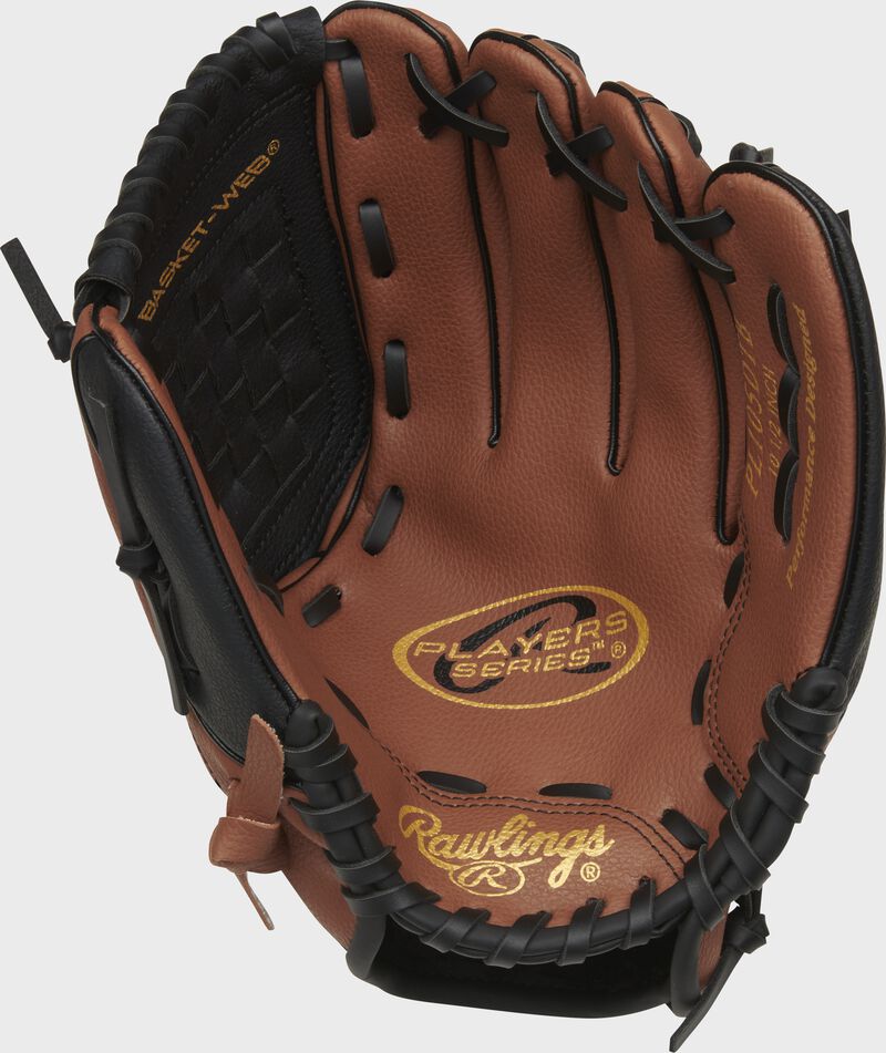 Palm of a dark tan Rawlings Player Series glove with black laces - SKU: PL105DTB