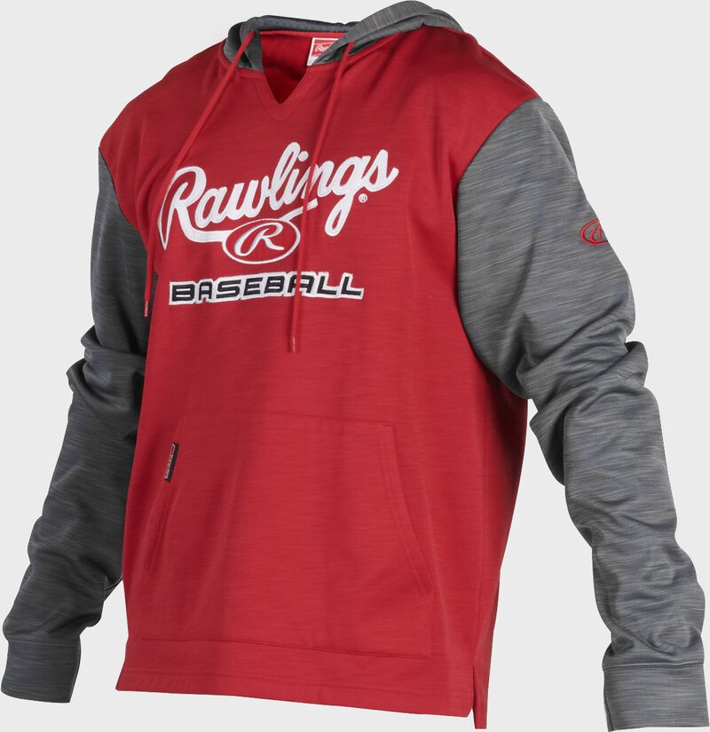 A scarlet Rawlings adult long sleeve hoodie with a Rawlings log on the chest and heather gray sleeves - SKU: PFH2PRBB-S/GR loading=