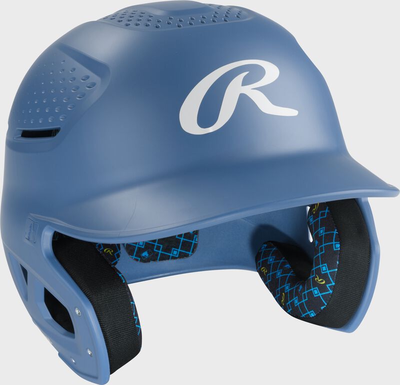 Front right of a Columbia blue Rawlings RX2 batting helmet loading=
