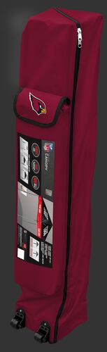 Red wheeled carry case of an Arizona Cardinals canopy with the team logo on the outside compartment - SKU: 02231081111