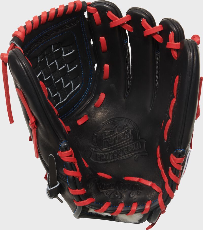 Black palm of a Rawlings Gameday 57 Series Zack Wheeler Pro Preferred Glove with scarlet laces