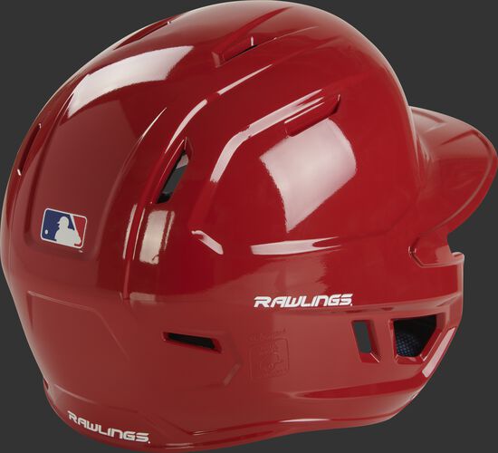 Back right of a scarlet MCH01A Rawlings batting helmet with optimal air ventilation holes