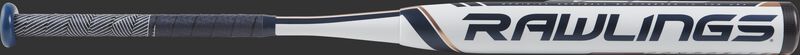 FP9V10 Rawlings Velo fastpitch bat with a white barrel and navy/white grip