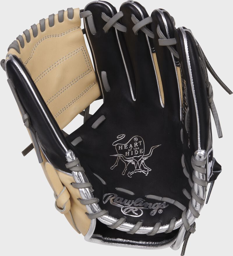 Black palm of a Rawlings Heart of the Hide infield glove with gray laces and silver palm stamp - SKU: PRONP4-8BCSS