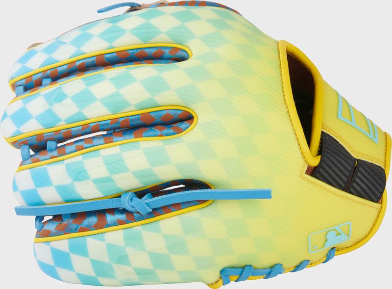 Checker print back design of a Rawlings REV1X Race Day glove