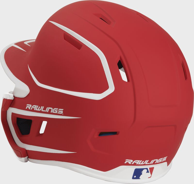 Back left view of a matte scarlet/white MACHEXTR MACH series two-tone batting helmet with air vents loading=