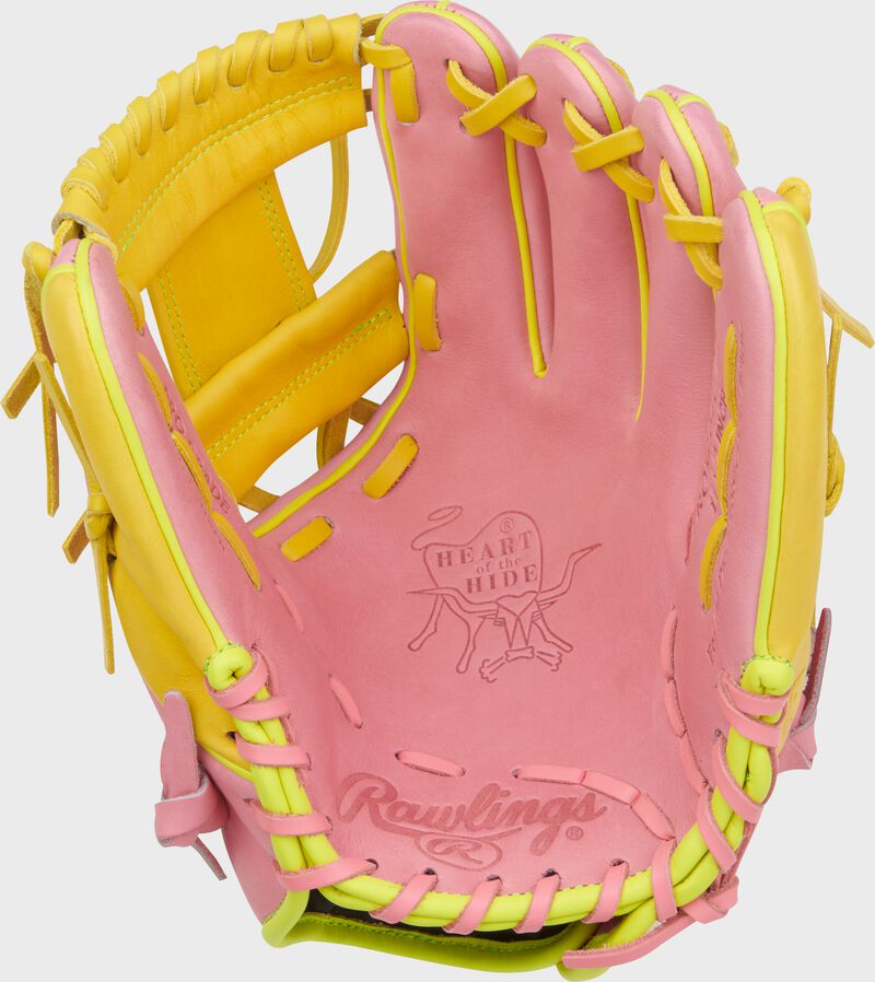 Palm of a Heart of the Hide ContoUR Fit 11.5-Inch ink infield glove with yellow laces