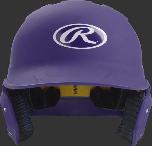 Front of a matte purple MACH junior size batting helmet