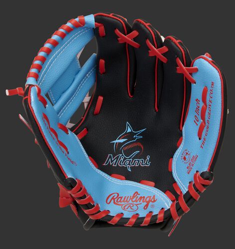 A black/light blue Rawlings Miami Marlins youth glove with a Marlins logo in the palm - SKU: 22000016111