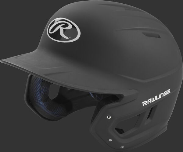 Left angle view of a Rawlings MACH Senior helmet with a one-tone matte black shell