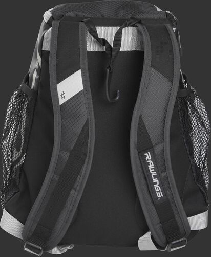 Back of a black R400 Rawlings youth backpack with black shoulder straps