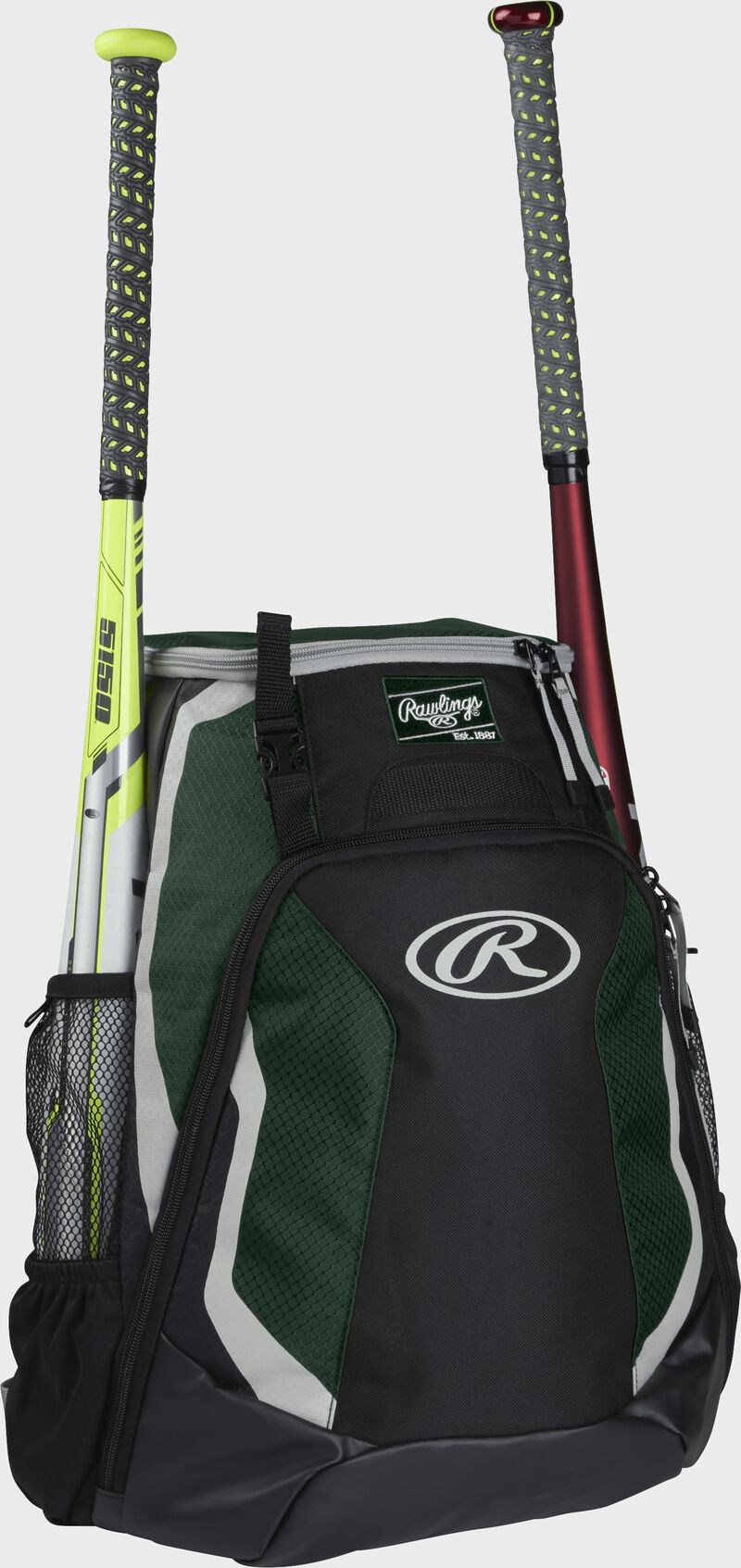 Right side of a black/dark green R500 Rawlings baseball backpack with a white bat in the bat sleeve