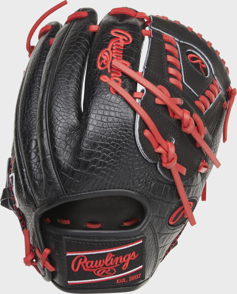 Back of a black croc embossed leather HOH ColorSync 6.0 glove with a black Rawlings patch - SKU: PRO205-30BCS