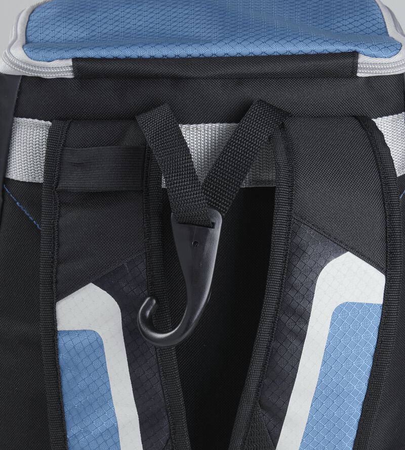 Exterior handle on the back of a black/columbia blue R500 backpack with a hook for hanging it up