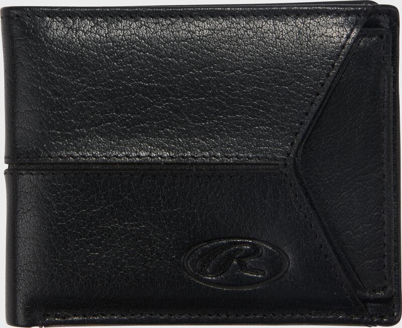 Main side of a black Rawlings Home Run bi-fold wallet