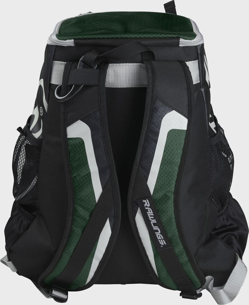 Back of black/dark green R500 Players team backpack with black/dark green shoulder straps