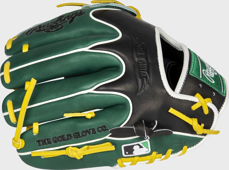Green/black back of an Oakland Athletics Heart of the Hide infield/pitcher's glove with the MLB logo on the pinky - SKU: RSGPRO204W-30OAK