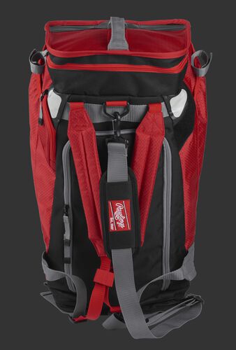 Front of a scarlet R601 Rawlings Hybrid backpack/duffel bag with a gray strap and scarlet arm straps